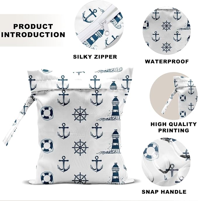 Nautical Style Wet Bag 12x10 Inch, Waterproof Reusable Wet Dry Bag for Swimsuit, Travel, Beach, Pool, Diapers, Dirty Yoga Gym Clothes, Makeup Bags, Nautical Style Gifts for Women Friend