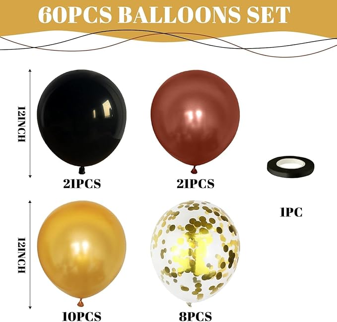 Black Burgundy Gold Balloons, 60Pcs Maroon Black Metallic Gold Confetti Balloon, 12Inch Pearl Burgundy Yellow Latex Balloons for Kids Cartoon Birthday Baby Shower Graduation Party Decorations