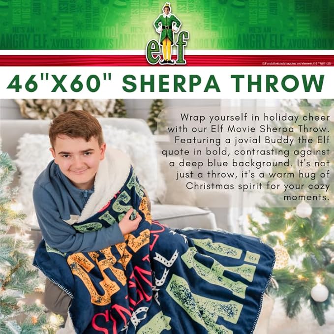 Elf The Movie Holiday Christmas Bedding Soft Plush Sherpa Blanket Throw, 46 in x 60 in, (Officially Licensed Product) by Franco
