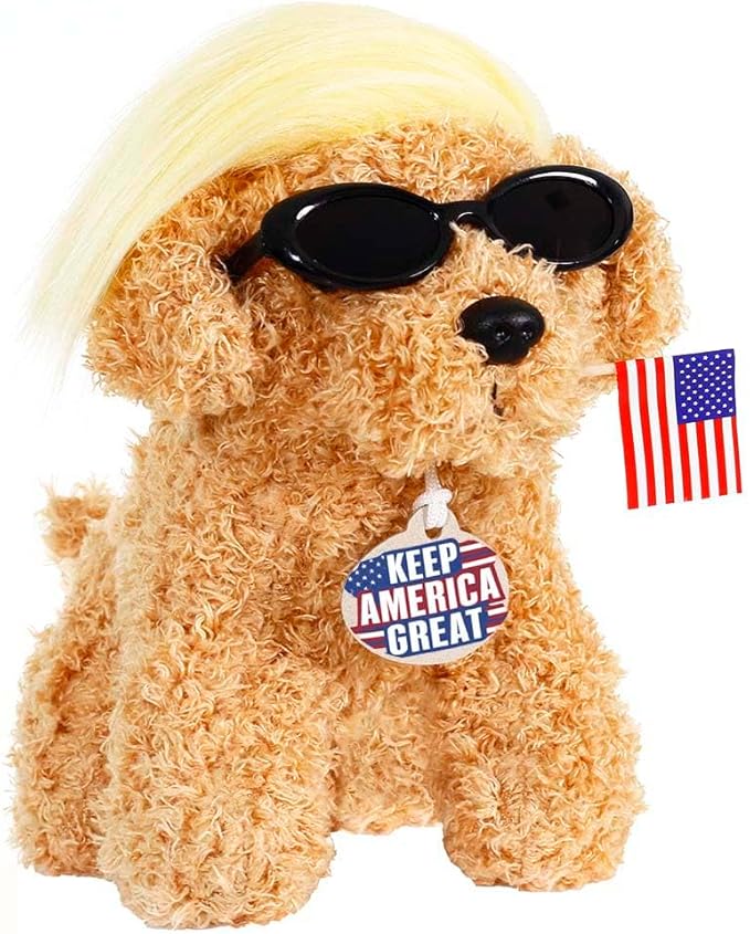 Donald Teddy Dog with Wig, Tag and Flag Donald Doll Donald Dog Toy Funny Gifts Funny Toys (Yellow)