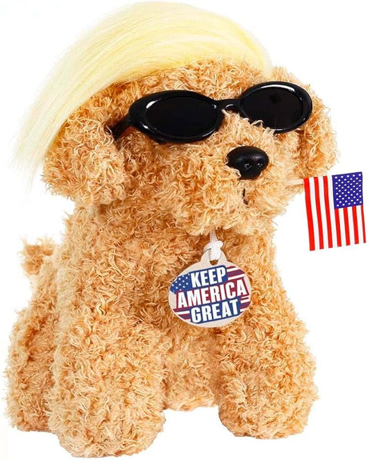 Donald Teddy Dog with Wig, Tag and Flag Donald Doll Donald Dog Toy Funny Gifts Funny Toys (Yellow)