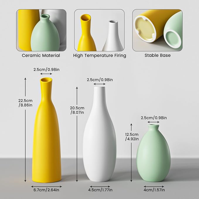 Ceramic Flower Vase Set, Modern Farmhouse Decorative Vases for Dining Room,Bookshelf Office Entryway(Multicolored Mix Set 3)