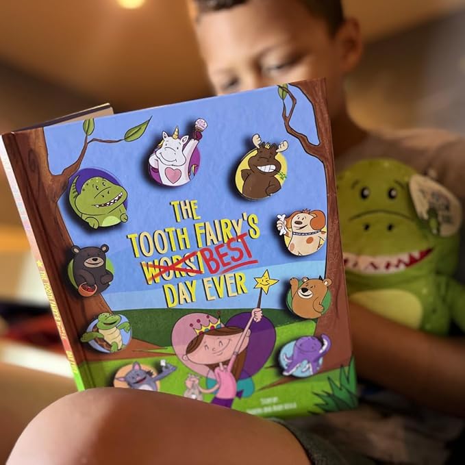 Rebel Dinosaur Tooth Fairy Pillow and Book Bundle | 8" Plush with Pocket for Lost Teeth & Hardcover Storybook w/Tracker, Q&A for Boys Girls Children of All Ages