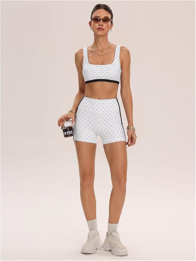 Milumia Women's Polka Dots Workout Set 2 Piece Color Block Bra Tank High Waisted Biker Shorts Layered Matching Yoga Outfit