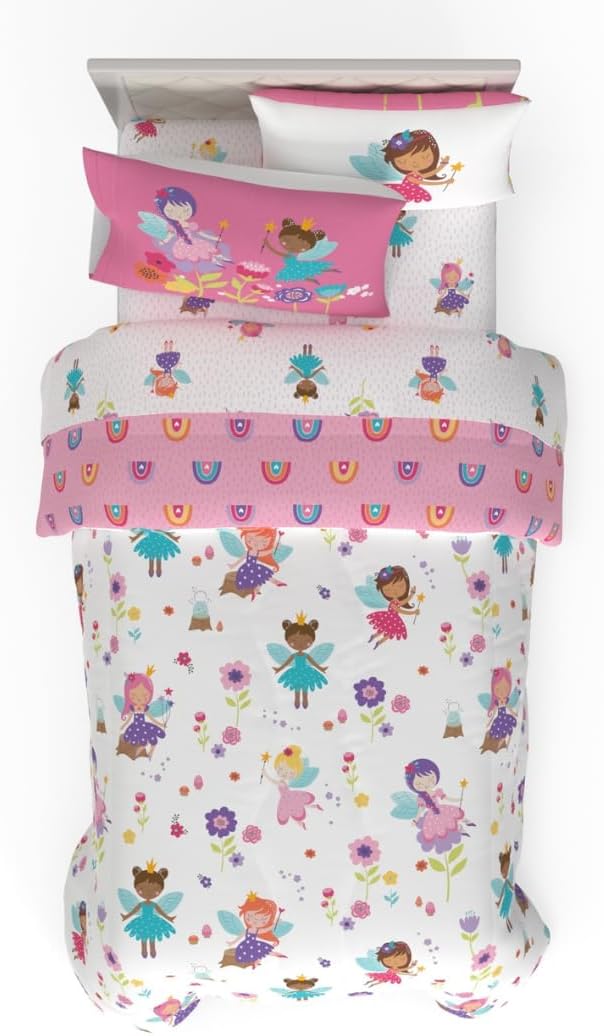 Morning Bird Princess Fairy Kids Bedding Super Soft & Cozy Reversible Microfiber Comforter and Sheet Set with Sham, 5 Piece Twin Size, By Franco