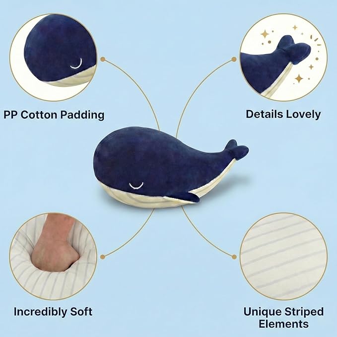 Whale Stuffed Animals Plush Pillow 4 Size Cute Soft Cotton Plushies Pillows Kawaii Blue Whale Toy Gifts for Kids Boys Girls Adults (Blue, 33 Inch)