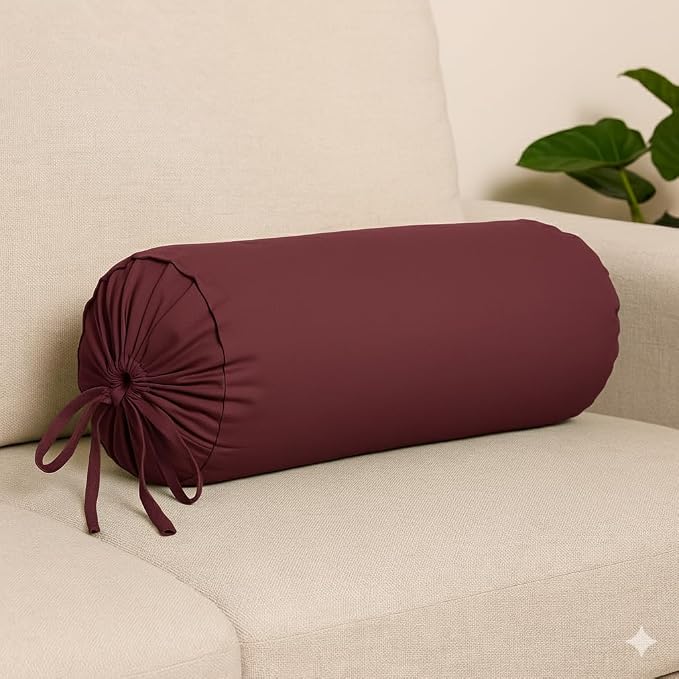 Cervical Neck Roll Pillow Cover with Cotton Bolster Pillowcases for Cylindrical Cushion and Drawstring Closure Round Neck Pillowcase 6" x 18" (15 x 45 cm), Wine