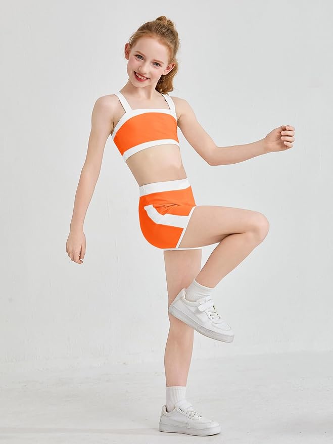 Haloumoning Girls 2 Piece Outfits Athletic Color Block Training Bra and High Waisted Shorts Clothing Sets 5-14Y
