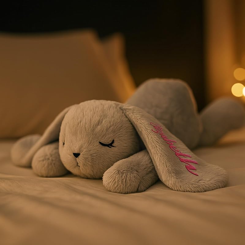 Custom Lying Bunny Plush Embroidered Name Bunny Stuffed Animal, Personalised Rabbit Sleeping Buddy for Baby Birthday Easter Gift for Girls Toddlers Newborn(55CM)