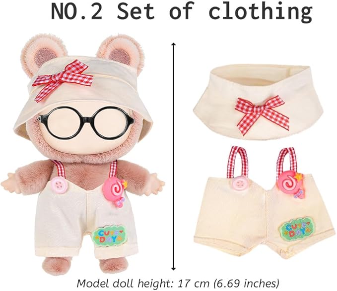 ebuddy 6 Sets 17cm Plush Dolls Clothes - Dress Up Doll Clothing Set Replacement Outfit Collection with Hats & Accessories (No Doll No Glasses)