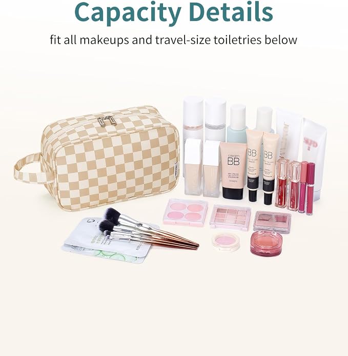 Narwey Checkered Travel Toiletry Bag for Women Traveling Dopp Kit Travel Bag for Toiletries Cosmetic Bag Makeup Bag Medicine Bag for Traveling (Light Brown Checkerboard)