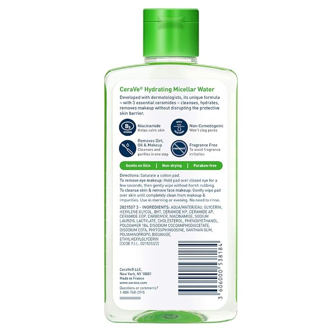 CeraVe Micellar Water,Hydrating Facial Cleanser & Eye Makeup Remover with Niacinamide,Ceramides & Glycerin,Fragrance-Free-& Non-Irritating,10 Fluid Ounces,(Pack of 2)