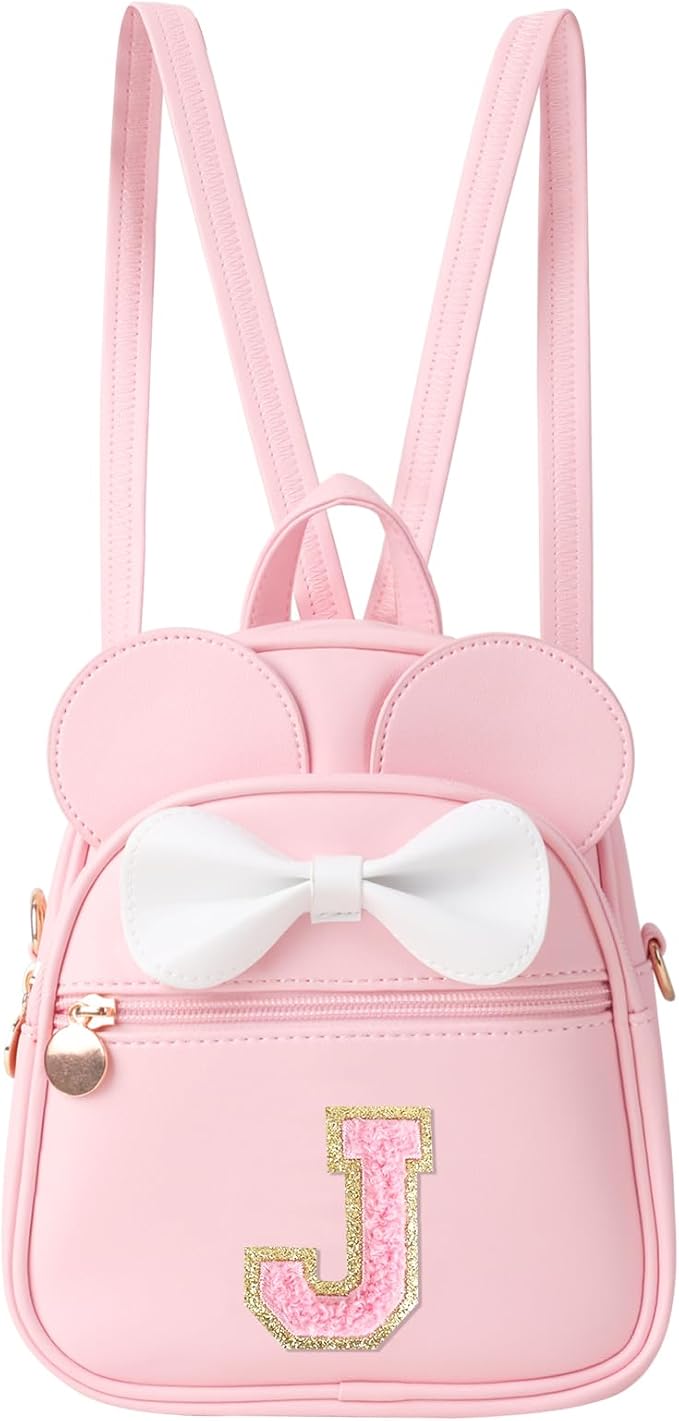 Personalized Toddler Backpack for Girls 3–10, Cute Mini Bowknot Mouse-Ear Toddler Bookbag Crossbody Purse, Small Daypack Wallet Set, Initial Birthday Gift, Trendy Little Kids/Teen Bag(Pink,J)