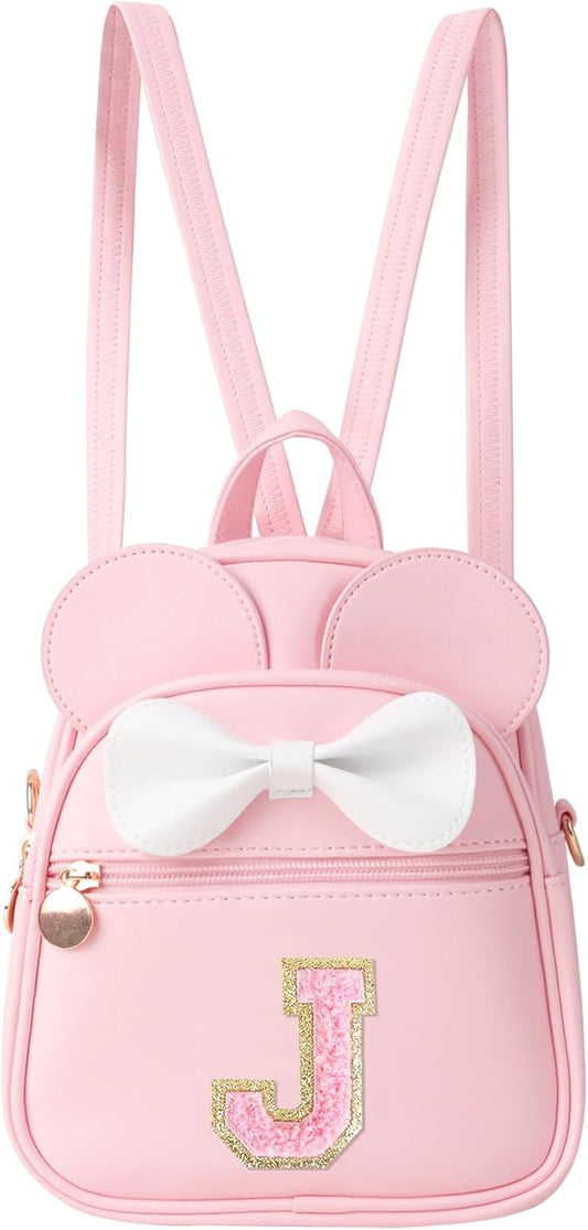 Personalized Toddler Backpack for Girls 3–10, Cute Mini Bowknot Mouse-Ear Toddler Bookbag Crossbody Purse, Small Daypack Wallet Set, Initial Birthday Gift, Trendy Little Kids/Teen Bag(Pink,J)