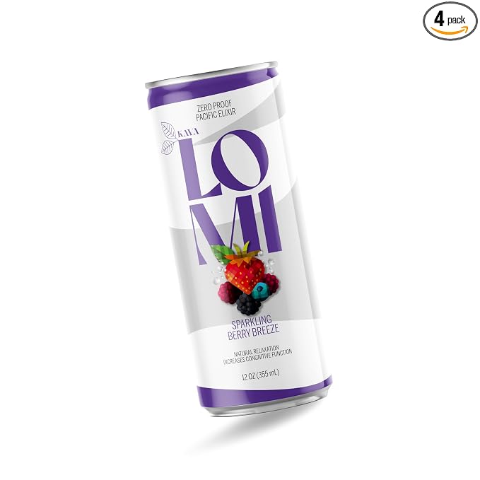 LOMI Zero Proof Pacific Elixir Sparkling Berry Breeze, Natural Relaxation Kava Drink with Adaptogens, Low-Calorie, Gluten-Free, Vegan, 12 fl oz, 4 Pack (Standard, Berry Breeze)