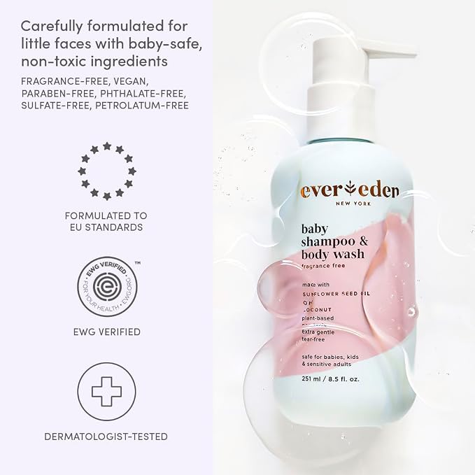 Evereden Baby Shampoo & Body Wash 2-in-1, 8.5 fl oz | Gentle, Non-Toxic, Fragrance-Free, Hydrating Formula for Sensitive Skin (Pack of 2)