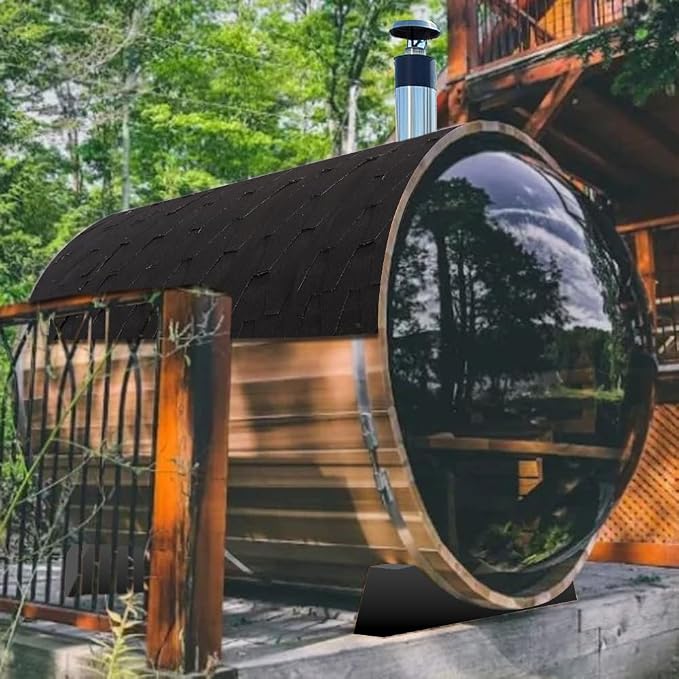 Outdoor Barrel Sauna, 6-8 Person Panoramic Saunas Room, Wood Burning Stove with Sauna Stone, Saunas Accessories and Asphalt Shingle Roof (Helmock, Wood Burning, 94.48"x74.86"x74.86"