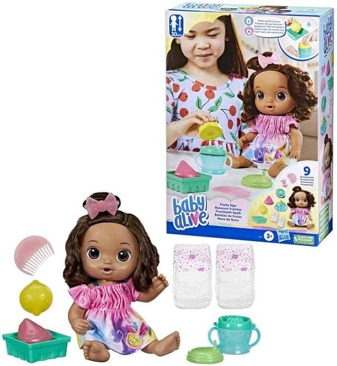 Baby Alive Fruity Sips Doll, Lemon, Toys for 3 Year Old Girls, 12-inch Baby Doll Set, Drinks & Wets, Pretend Juicer, Kids 3 and Up, Brown Hair