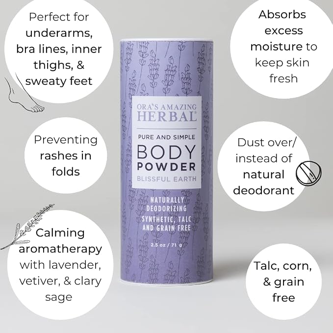 Talc Free Body Dusting Powder for Women, Lavender Clary Sage Vetiver Essential Oils, Cornstarch Free Arrowroot Talcum Powder, Waxing Bath Sugaring Powder, Ora’s Amazing Herbal, Blissful Earth 2.5 oz