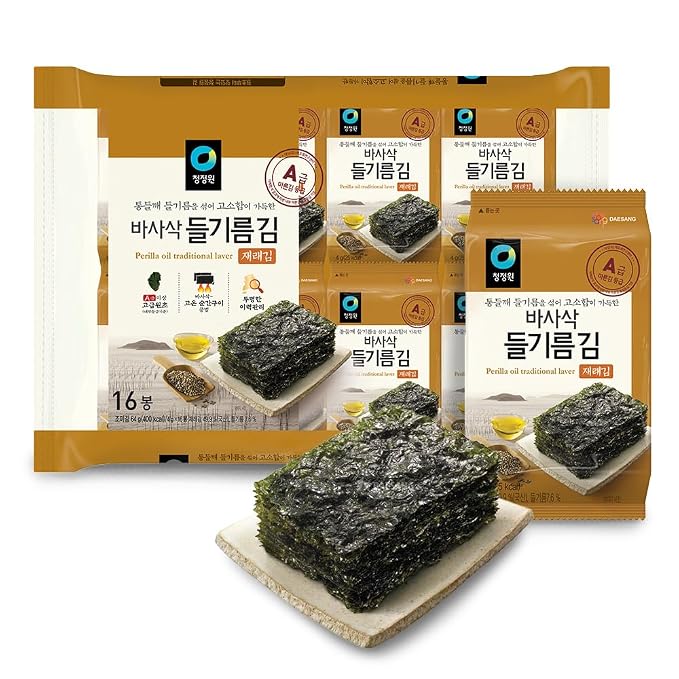 Premium Roasted Seaweed Snack [Perilla Oil | Pack of 16] - Crispy & Savory Korean Laver | Vegan Gluten-Free Plant-Based Snack | Made in Korea | Light & Crunchy Sheets for Lunchboxes & On-the-Go [O’food]