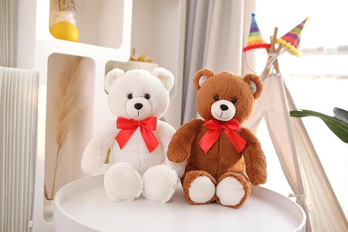 Plushland 15" Sitting Brown Fluffy Bear with Bowknot - Soft Plush Teddy Bear for Kids & Adults - Cuddly Stuffed Animal Gift for All Ages - Adorable Sitting Bear for Home & Nursery Decoration (White)
