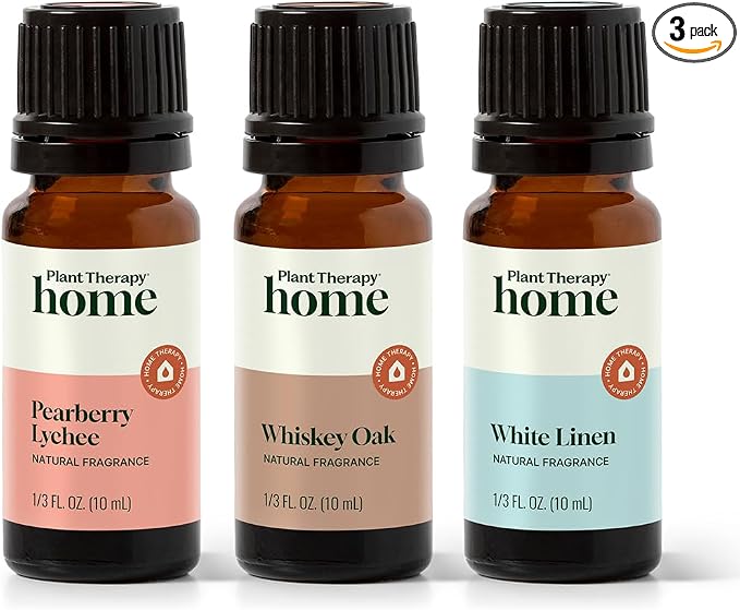 Plant Therapy Home Natural Fragrance Set of 3, Pearberry Lychee, Whiskey Oak, & White Linen 10 mL (1/3 oz) Each
