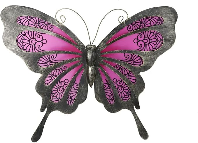 LIFFY Metal Butterfly Wall Decor, 12" Glass Butterfly Wall Art for Outdoor, Hanging Garden Decorations for Yard Fence Patio