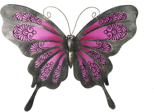 LIFFY Metal Butterfly Wall Decor, 12" Glass Butterfly Wall Art for Outdoor, Hanging Garden Decorations for Yard Fence Patio
