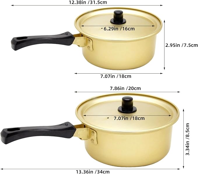 OUNONA 2pcs Gold Korean Ramen Pot Set - Large and Small Aluminum Cooking Pot with Lid - Suitable for Stovetop Noodle Soup Kitchenware