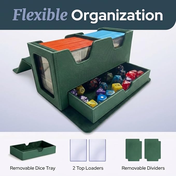 Card Deck Box Fits 200+ Double Sleeved，Commander Deck Box for Magic the Gathering with Dice Tray & Toploader Display,2 Dividers