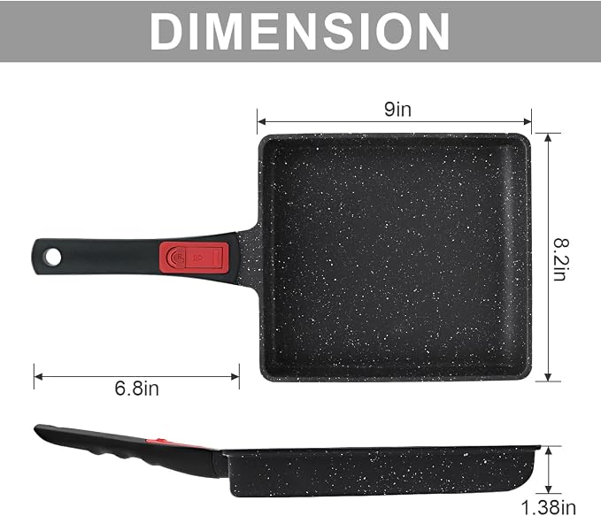AIKENBBKK Tamagoyaki Japanese Omelette Pan, Japanese Egg Pan, Square Egg Pan Nonstick, Induction-Ready, Detachable Handle, with Silicone Spatula, PFAS & PFOA-Free, Oven Safe, Black, 9" x 8.2"