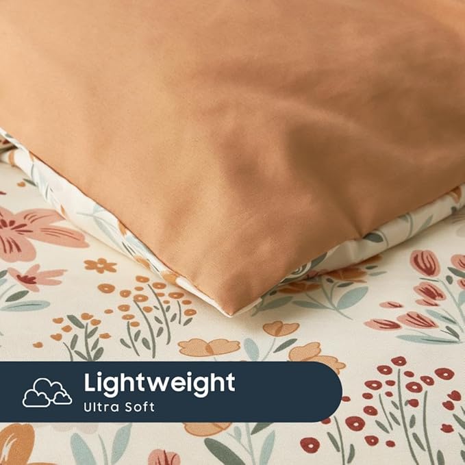 Wake In Cloud - Floral Bedding Set for Girls, Cute Colorful Botanical Flowers Patterned Soft Lightweight Comforter Set with Sheets, 5 Pieces Kids Bed in a Bag, Orange Cream, Twin Size