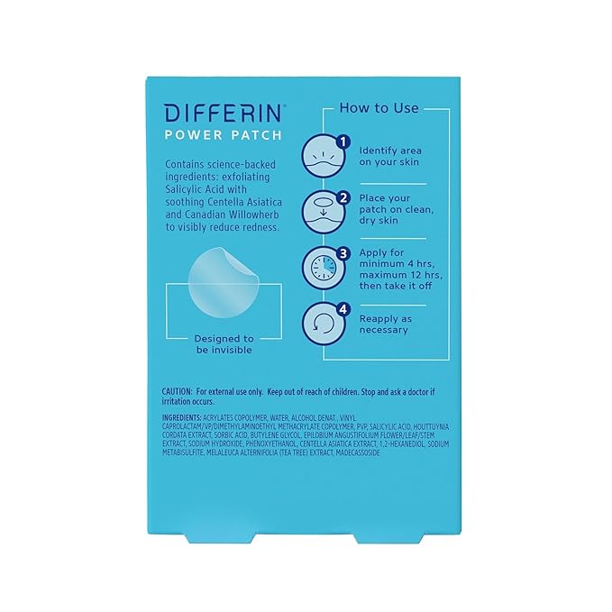 Differin Acne Patches,Pimple Patches for Acne Prone Skin,Formulated with Salicylic Acid and Centella,Fast Triple Action Power Patch for Day & Night,Dermatologist Tested,36 Count (Pack of 12)