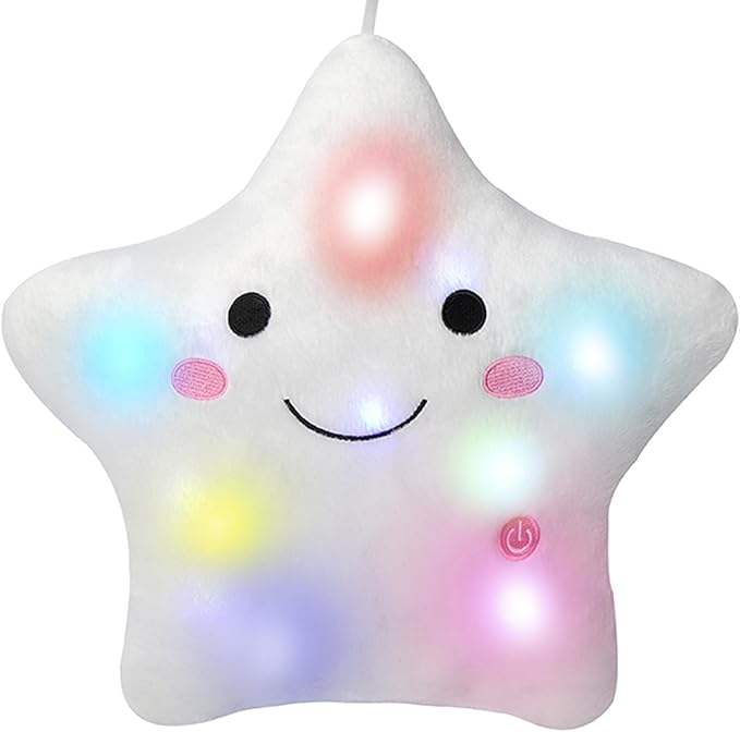 DearSun 13''Creative Twinkle Star Colorful Night Light Plush Pillows Light up Night Stuffed Toys Perfect for Birthday Christmas Holiday Valentines (White)