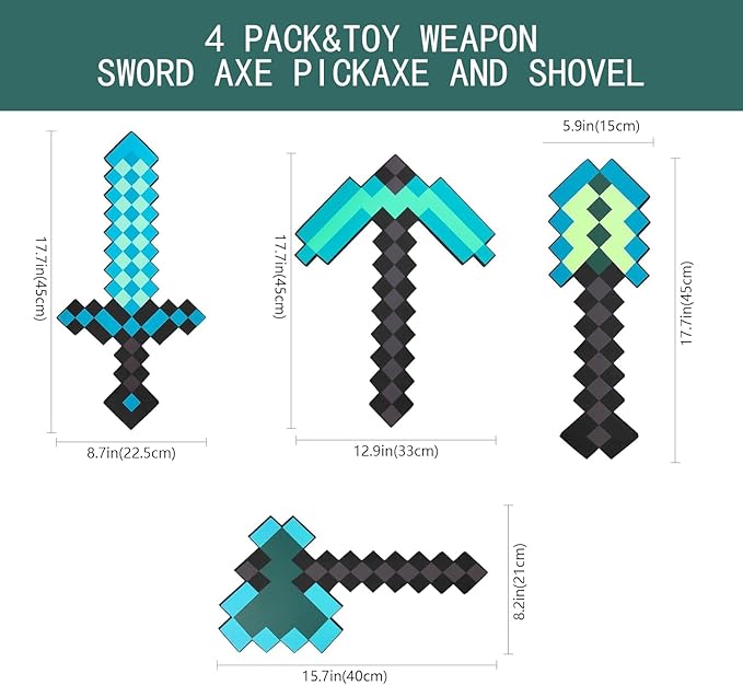 4pcs Children's Toy Weapon Playset - Sword, Axe, Pickaxe & Shovel, Excellent Gift for Holidays and Parties (4-Piece Set)