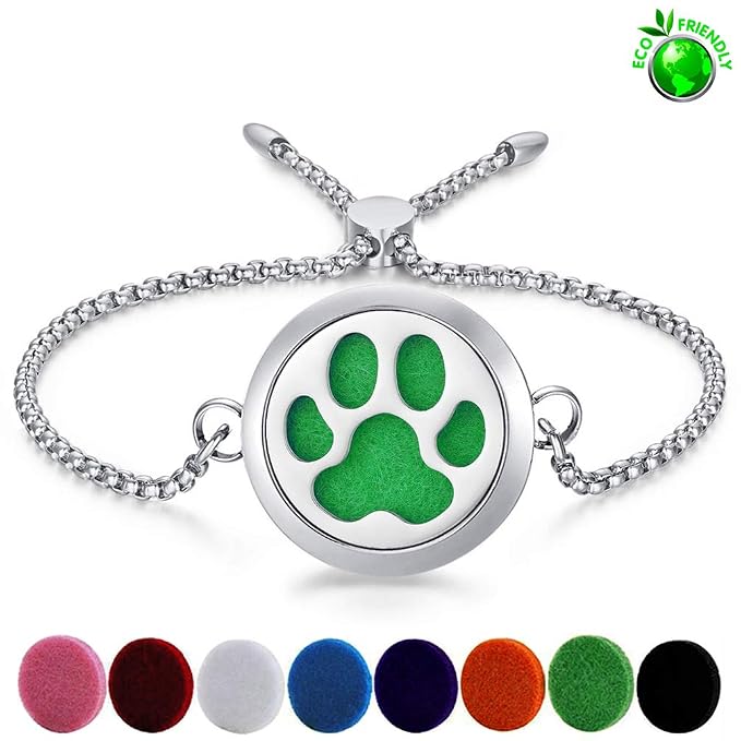 Essential Oil Diffuser Bracelet 25mm Diffuser Locket Chain Dog Paw Stainless Steel Bracelet Set Adjustable Bracelets Jewelry Gift for Women Men