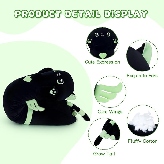 Long Cat Body Pillow for Kids, Cute Cat Stuffed Animals Gifts for Girls, Long Cat Plush Toy for Birthday, Soft Cat Plushies Pillow (AngelCat Green, 35.4in/90cm)