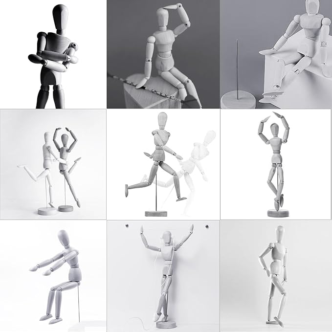 2-Pack 8" Wooden Mannequin Figures Artists Body Dolls Statue Human Action Drawing Model Posable Mini Art Manikin Stop Motion Figure, Wooden Dummy Gifts for Drawing, Painting, Sketching/Grey