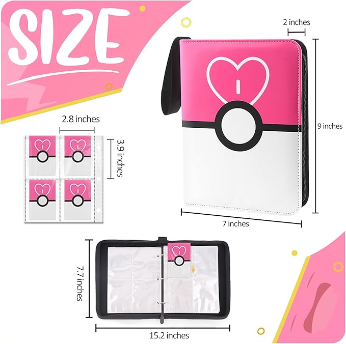 Card Binder 4 Pocket, Trading Card Holder Fits 400 Cards With 50 Removable Sleeves, Portable Collection Card Ablum, Game Card Case book With Zipper for Gift Pink