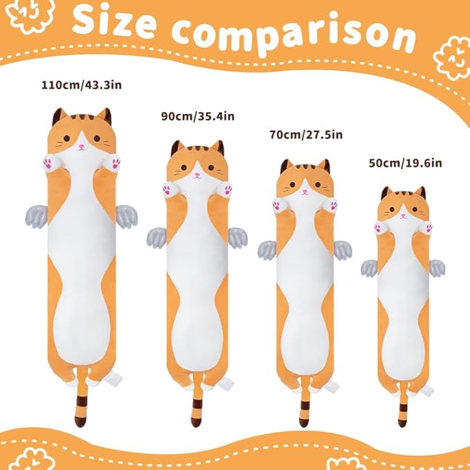 Cute Cat Plush Pillow, Yellow Long Cat Stuffed Animals Soft Long Kitten Plushies Kawaii Cat Stuffed Plush Toy for Kids Girlfriend(70cm/27.5inch)