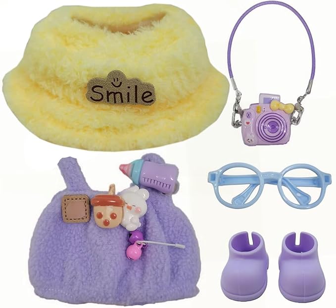 Doll Clothes Outfit and Accessories Suitable for 17cm Dolls, 5 Piece Set Romper Hat Camera Backpack Glasses Shoes (No Doll) Purple