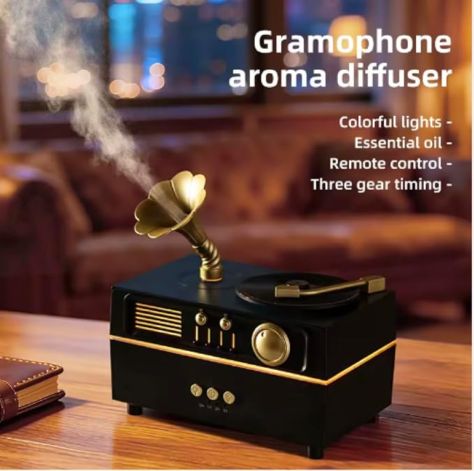 5 in 1 Diffuser Humidifier 200 ml, Bluetooth Speaker, 6 LED Light, Timer, Gramaphone & Vinyl Rotation Retro Design. Electric Powered, Remote Control, Rotation Mist Spray Aromatherapy