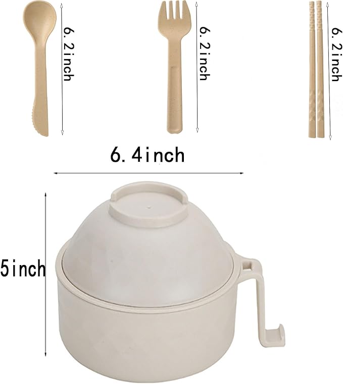 OZY Microwave Ramen Bowl，Ramen Noodle Cooker with Spoon Chopsticks Fork，Ramen Cooker with Handles，College Dorm Room Essentials，BPA-Free (Beige)