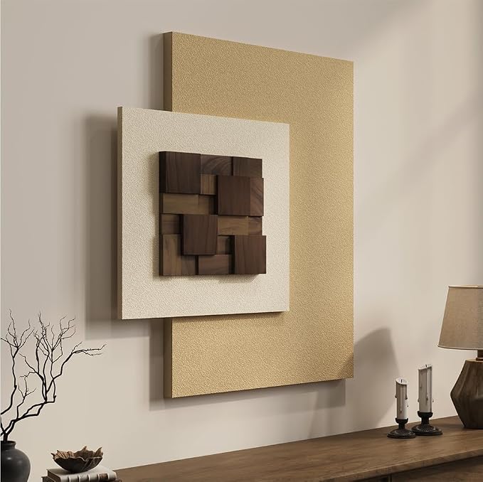 Cuspin Large 3D Wood Textured Neutral Wall Art, Modern Minimalist Wooden Artwork for Walls, Cotemporary Abstract Geometric Beige Wall Decor for Living Room Bedroom Dining Room Hallway