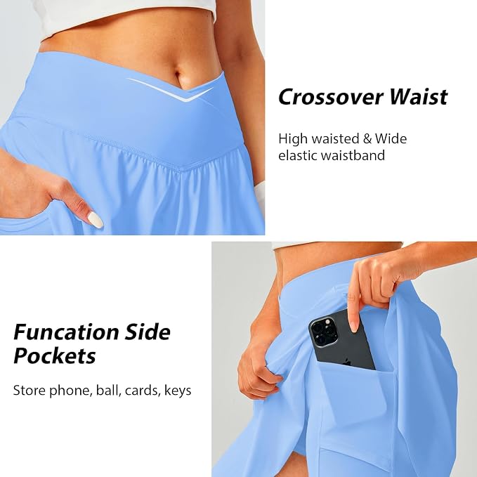 Womens Tennis Skirt Crossover High Waisted Skort with Pockets Shorts | Athletic Skirts for Golf Running Workout Pickleball, Aesthetic Activewear, Sporty Athleisure Style
