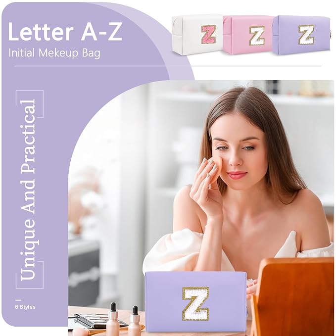 Personalized Makeup Bag Initial A-Z Preppy Patch Bag,Small PU Leather Travel Cosmetic Bag Pouch with Zipper,Purple Cute Toiletry Bag,Gift Ideal for Teen Girls Women Birthday Friend Mom,Latter Z