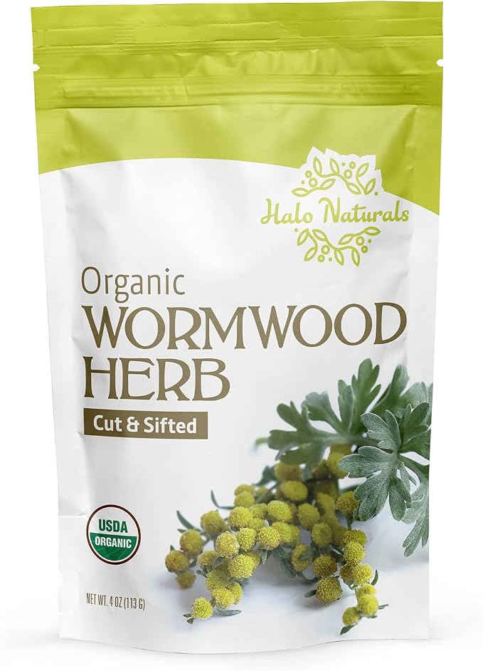 Halo Naturals Organic Wormwood Herb Cut & Sifted, 4 Ounces (Artemisia Absinthium) USDA Certified Wormwood Tea | Non-GMO | Vegan| Resealable Pouch| Packaged in The USA (Pack of 1)