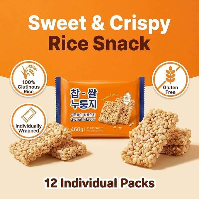 Korean Crunchy Baked Seaweed Rice Crackers (Sweet Pop Rice 10.2oz) | Crunchy baked korean crackers & pop rice; alternative to japanese rice crackers; traditional crispy nurungji snack packs