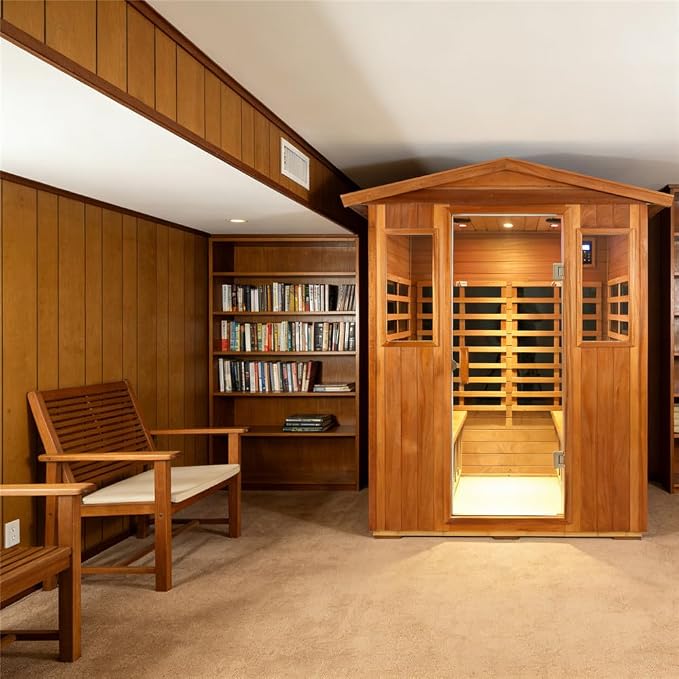 Kanlanth Outdoor Sauna 4 Person Low EMF Far Infrared Sauna for Home, 2050W Mahogany Wooden Sauna Room for Outdoor Indoor Home, with Blue-Tooth, LCD, LED