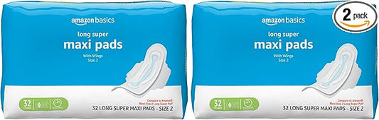 Amazon Basics Feminine Maxi Pads with Flexi-Wings for Periods, Long Length, Super Absorbency, Unscented, Size 2, 32 Count, (Previously Solimo) (Pack of 2)